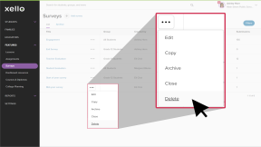 Surveys page in Xello. Cursor has opened the three dot menu next to a survey. Cursor about to click Delete